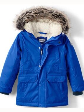 Lands' End Bright Blue Exhibition Hooded Waterproof Parka with Faux Fur Trim